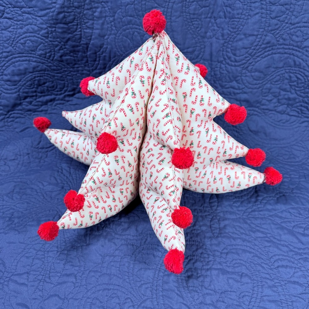 Handmade Christmas Tree Candy Cane Print Red Pom Poms Tabletop Decor 10in Read
